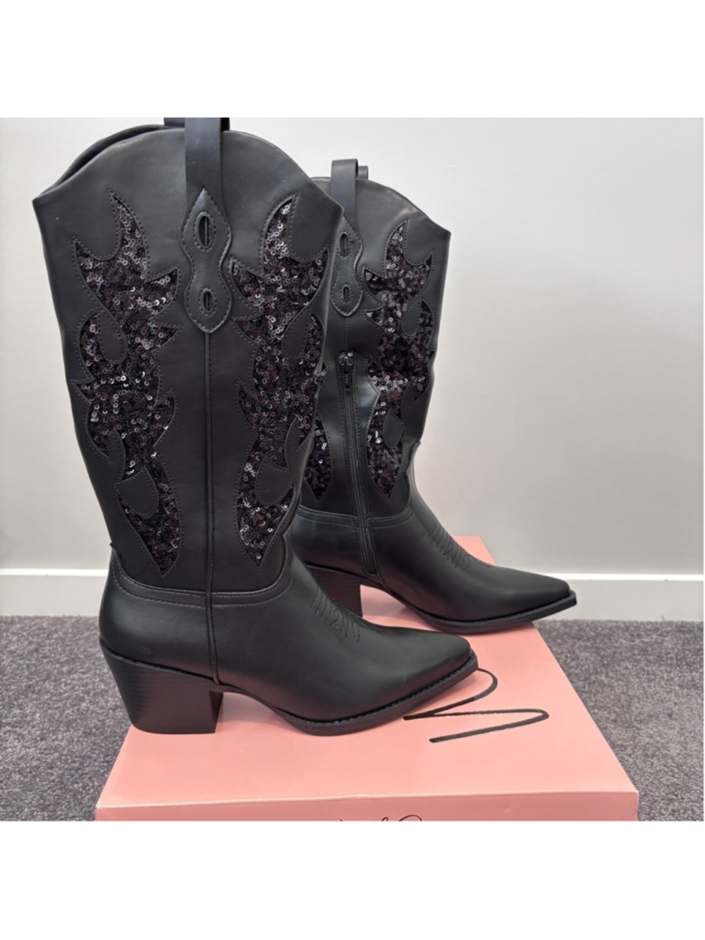 Wild Pair Women's Size 8.5 Black Cowboy Boots w/ Sequin Sparkle Details NIB - Picture 8 of 13
